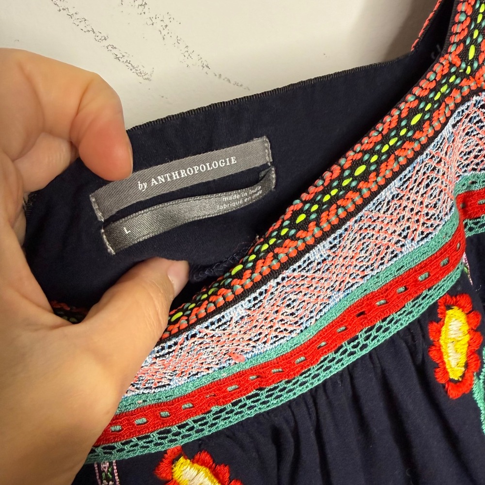 H16 Anthropologie Dakota Floral Embroidered Boho Square Neck Pom Pom Trim Navy L - Picture 6 of 7